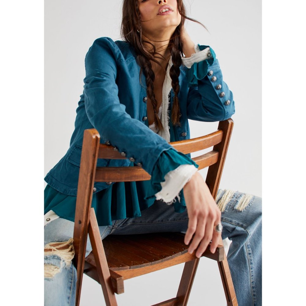 Free People Ruffles Romance Teal Blue Military-Style Jacket with Ruffle Trim - Picture 4 of 13